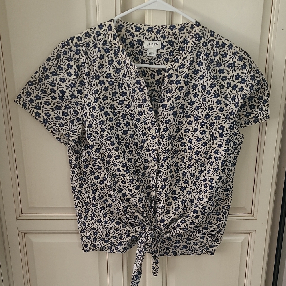 J. Crew White and Black Puff Sleeve Cropped Blouse